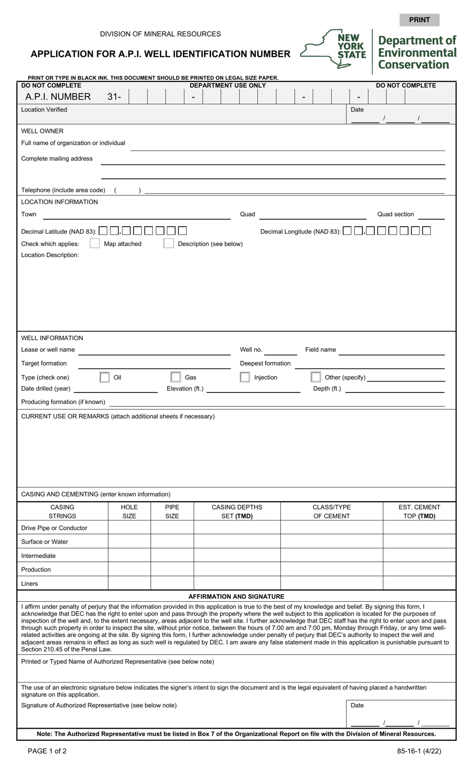 Form 85-16-1 Application for a.p.i. Well Identification Number - New York, Page 1