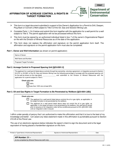 Form 05-1-1 Affirmation of Acreage Control & Rights in Target Formation - New York