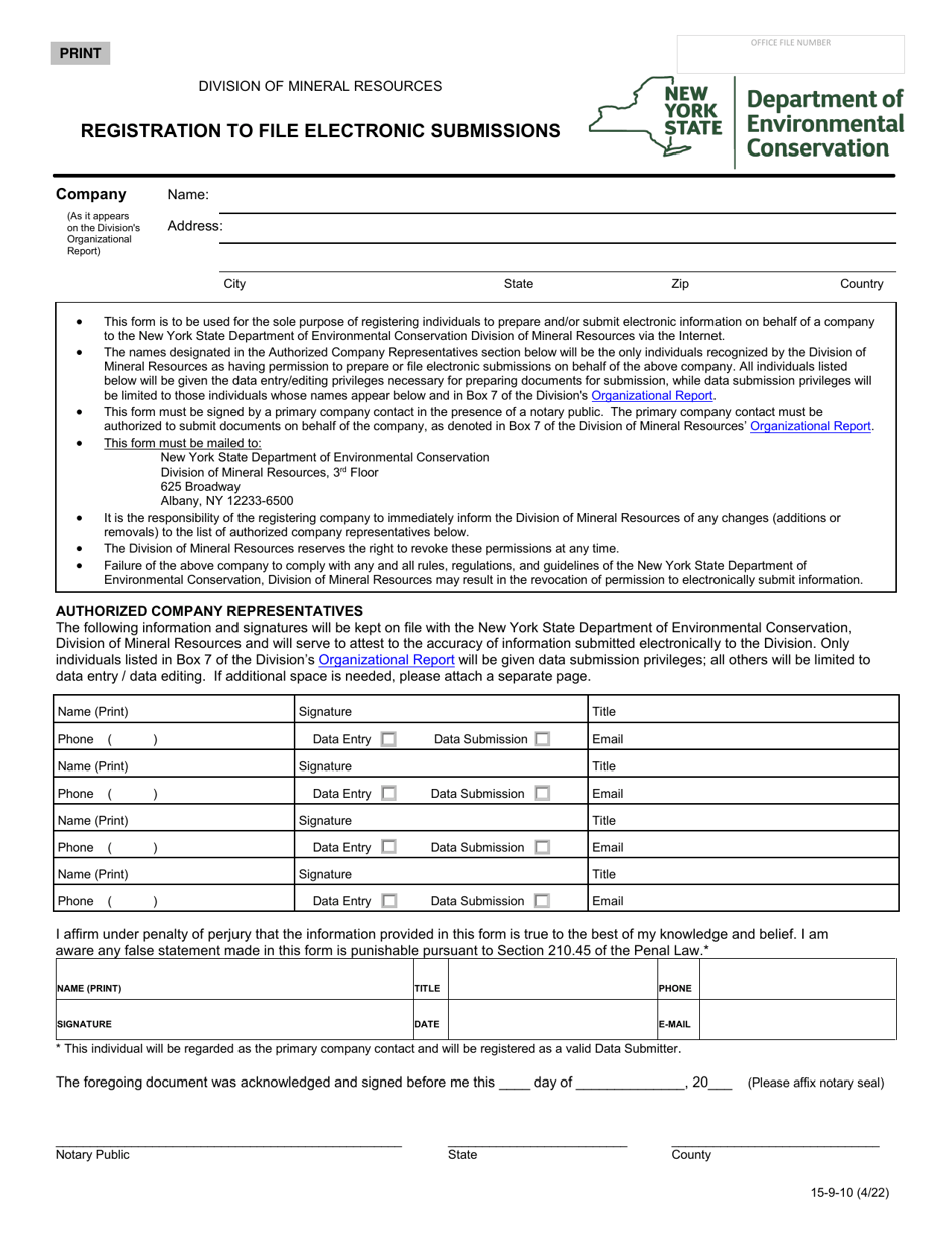 Form 15-9-10 Registration to File Electronic Submissions - New York, Page 1