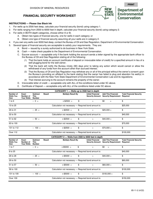 Form 85-11-2 Financial Security Worksheet - New York