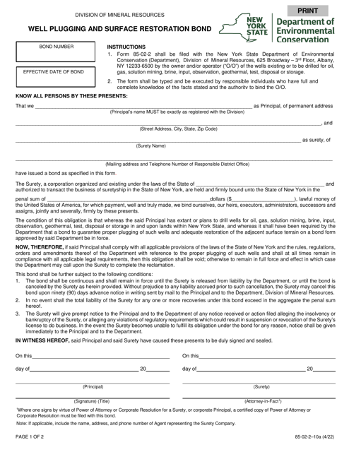Form 85-02-2-10A Well Plugging and Surface Restoration Bond - New York