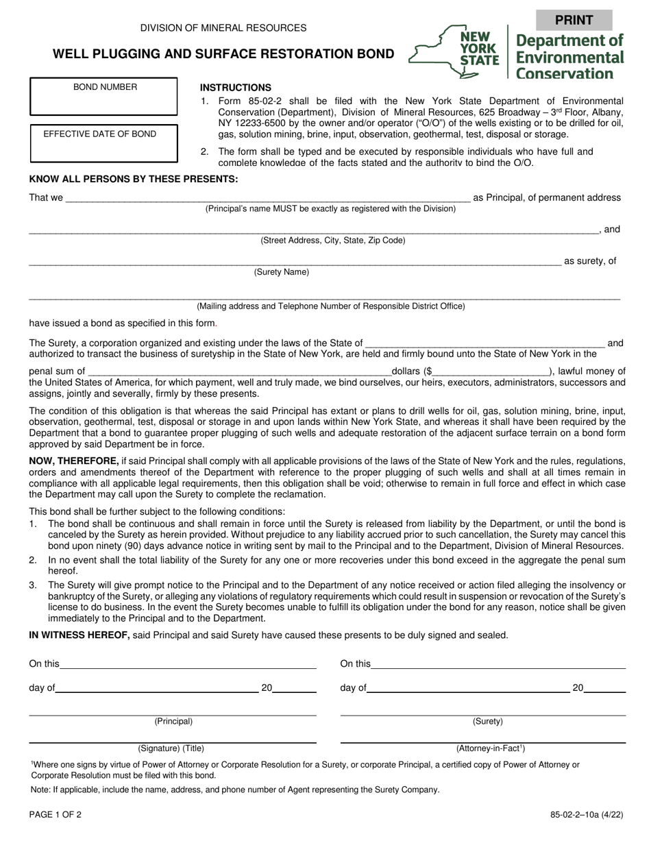Form 85-02-2-10A Well Plugging and Surface Restoration Bond - New York, Page 1