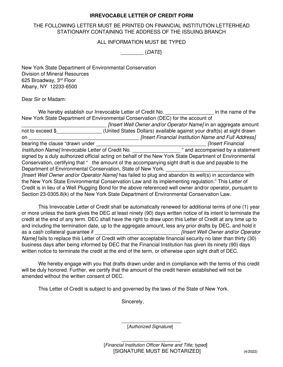 Irrevocable Letter of Credit Form - New York, Page 1