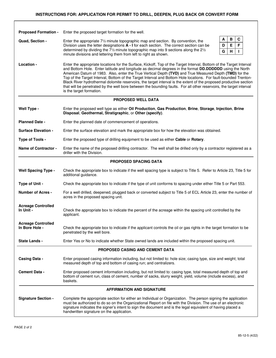 Instructions for Form 85-12-5 Application for Permit to Drill, Deepen, Plug Back or Convert a Well Subject to the Oil, Gas and Solution Mining Law - New York, Page 2
