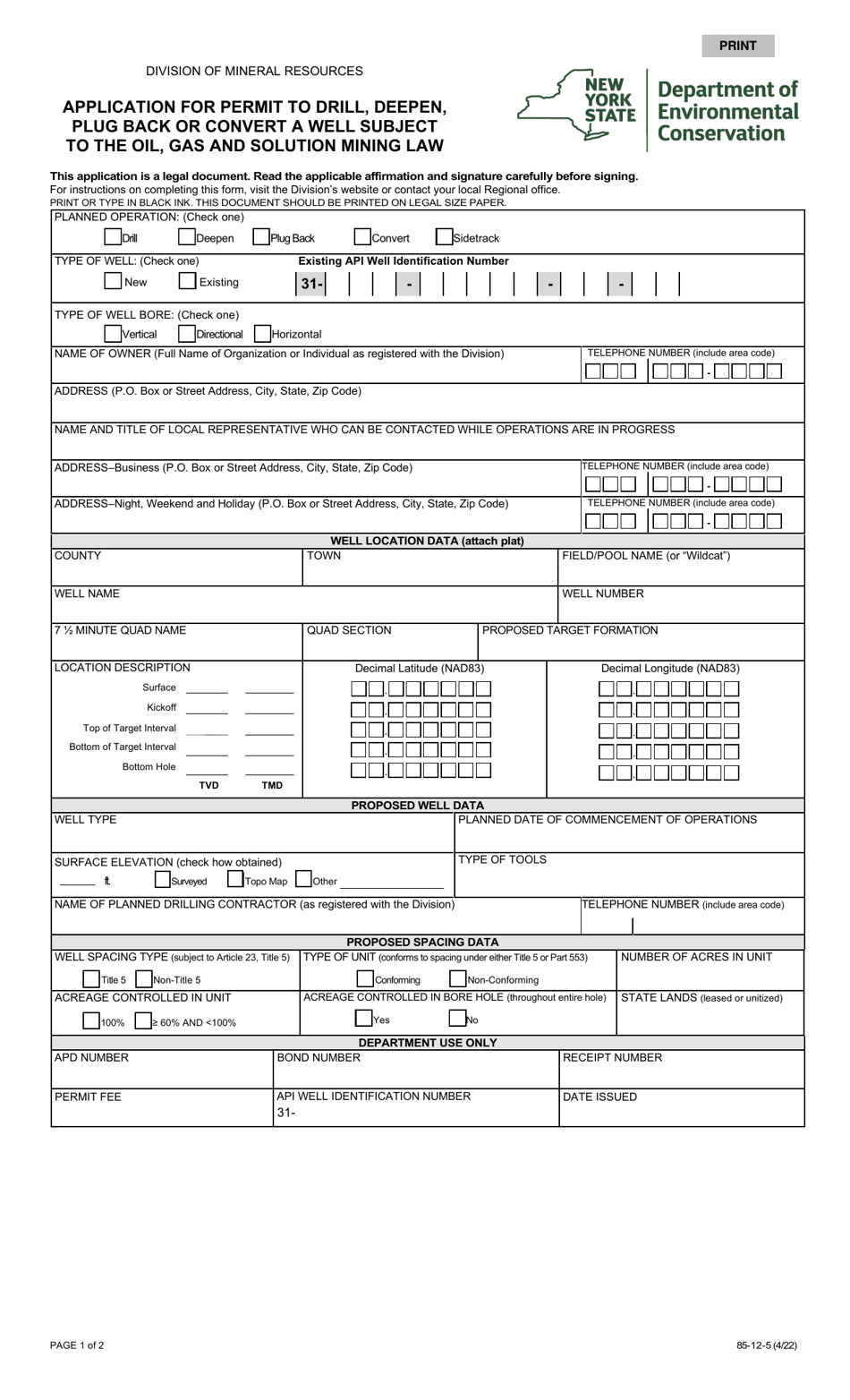 Form 85-12-5 Application for Permit to Drill, Deepen, Plug Back or Convert a Well Subject to the Oil, Gas and Solution Mining Law - New York, Page 1