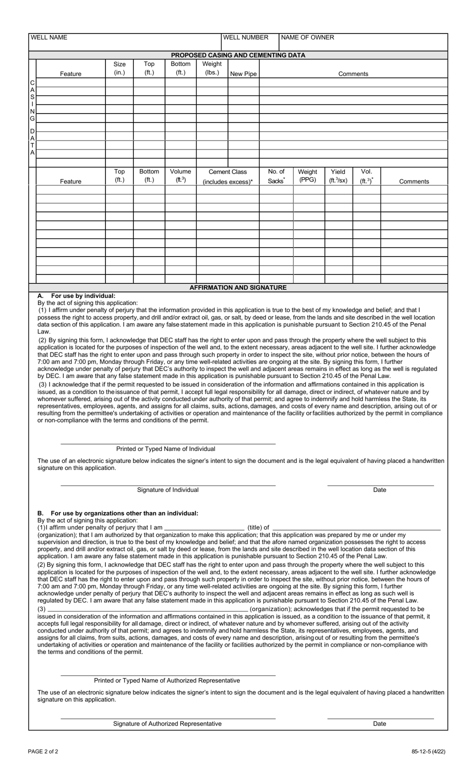 Form 85-12-5 Application for Permit to Drill, Deepen, Plug Back or Convert a Well Subject to the Oil, Gas and Solution Mining Law - New York, Page 2