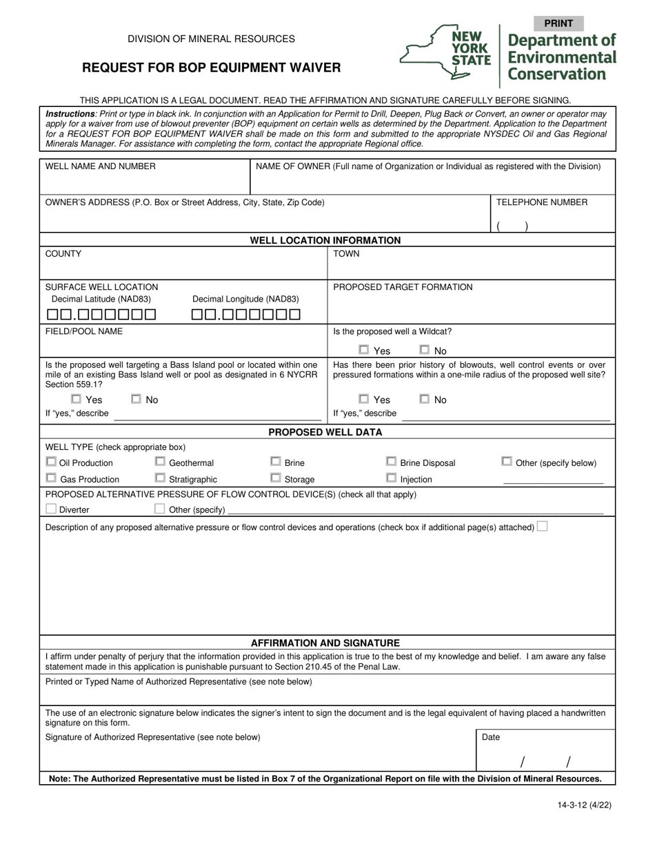 Form 14-3-12 Request for Bop Equipment Waiver - New York, Page 1