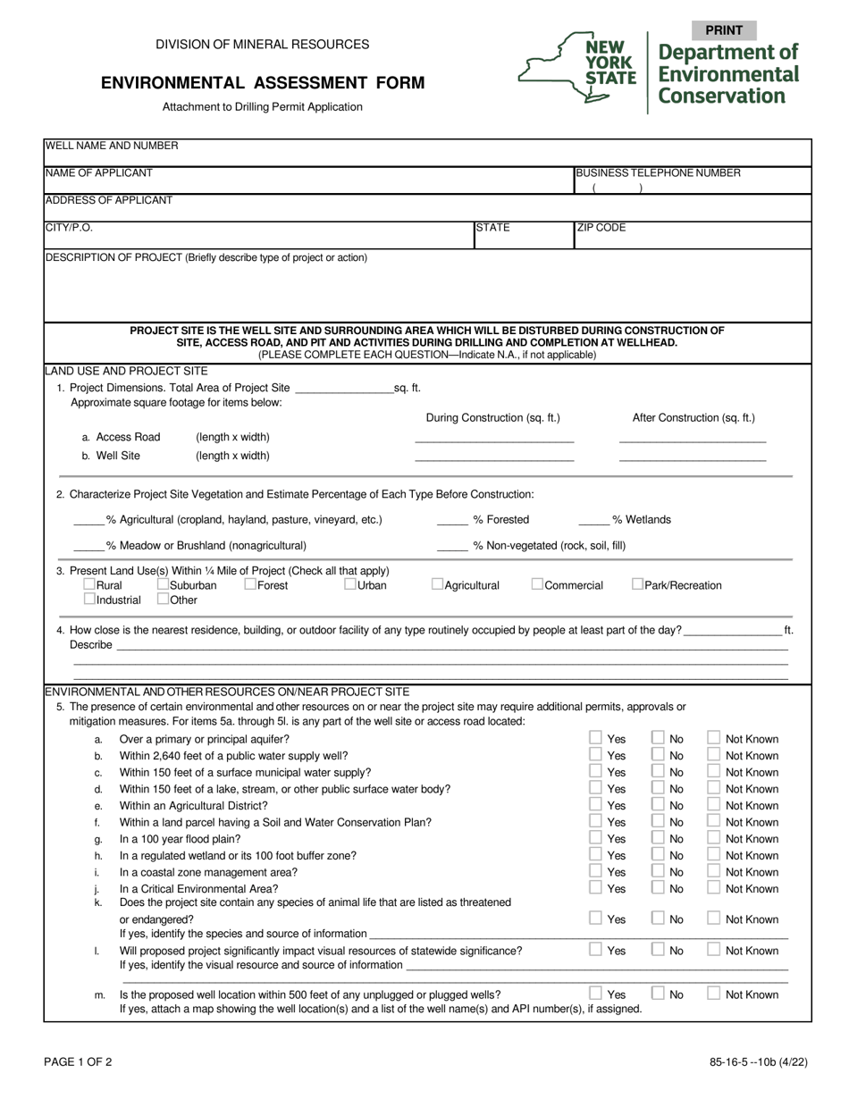 Form 85-16-5-10B Environmental Assessment Form - New York, Page 1