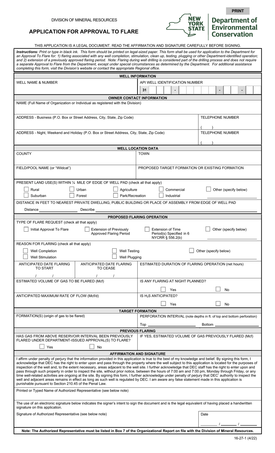 Form 16-27-1 Application for Approval to Flare - New York, Page 1