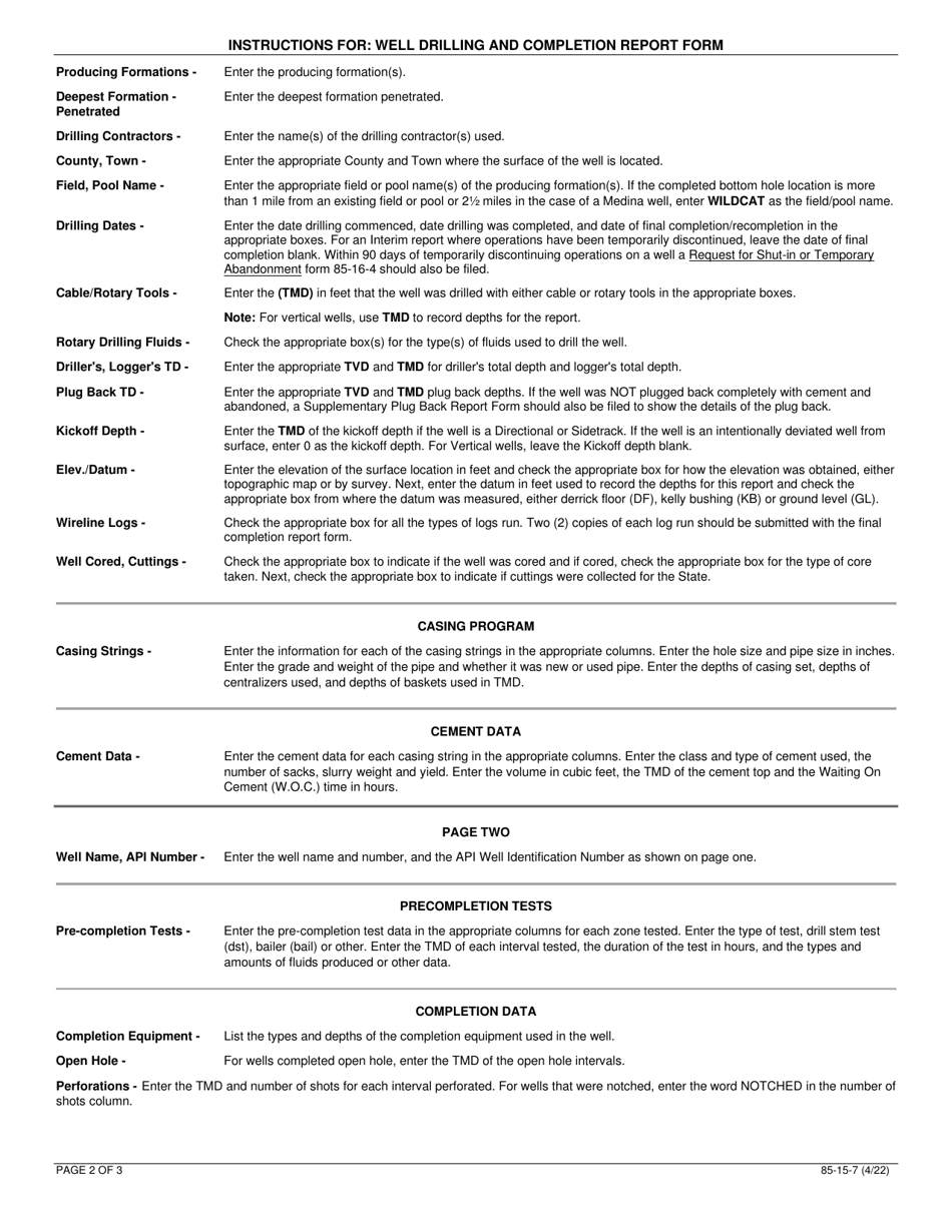 Instructions for Form 85-15-7 Well Drilling and Completion Report - New York, Page 2