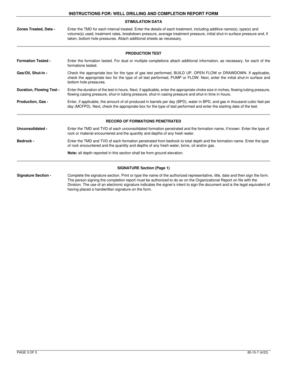 Instructions for Form 85-15-7 Well Drilling and Completion Report - New York, Page 3