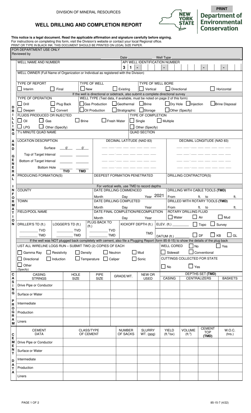 Form 85-15-7 Well Drilling and Completion Report - New York, Page 1