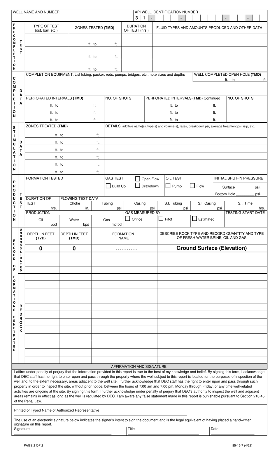 Form 85-15-7 Download Fillable PDF or Fill Online Well Drilling and ...