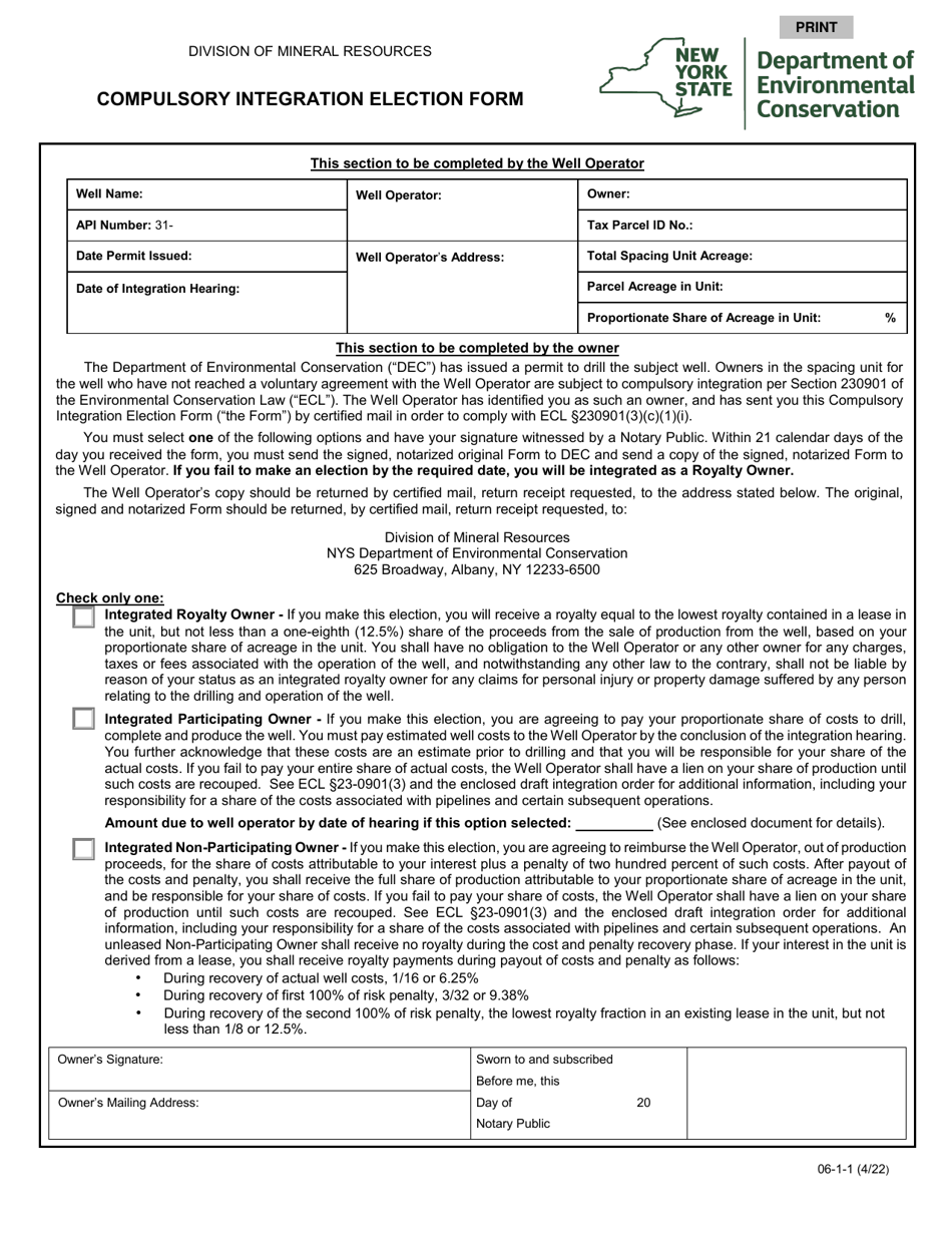 Form 06-1-1 Compulsory Integration Election Form - New York, Page 1