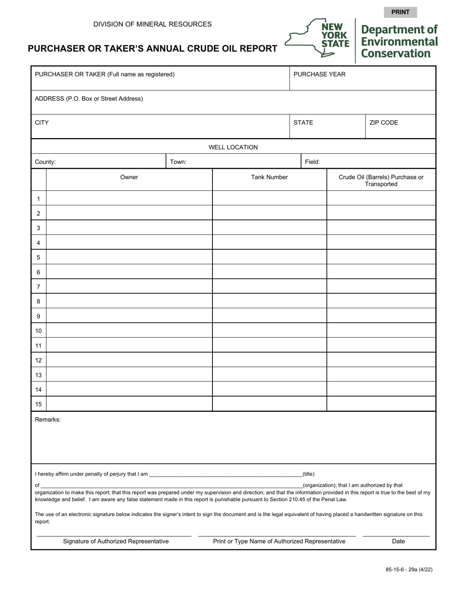 Form 85-15-6-29A Purchaser or Takers Annual Crude Oil Report - New York, Page 1