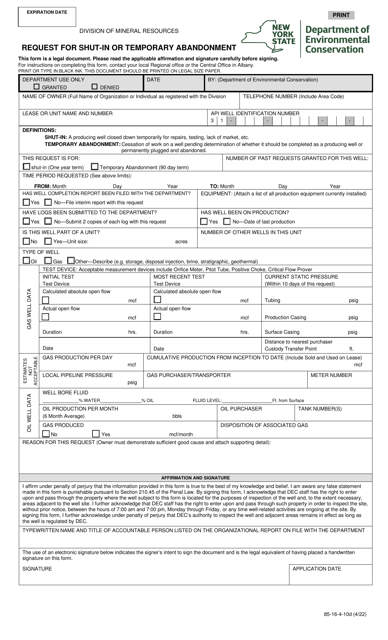 Form 85-16-4-10D Request for Shut-In or Temporary Abandonment - New York