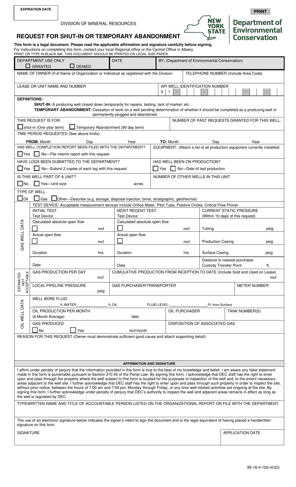 Form 85-16-4-10D Request for Shut-In or Temporary Abandonment - New York, Page 1