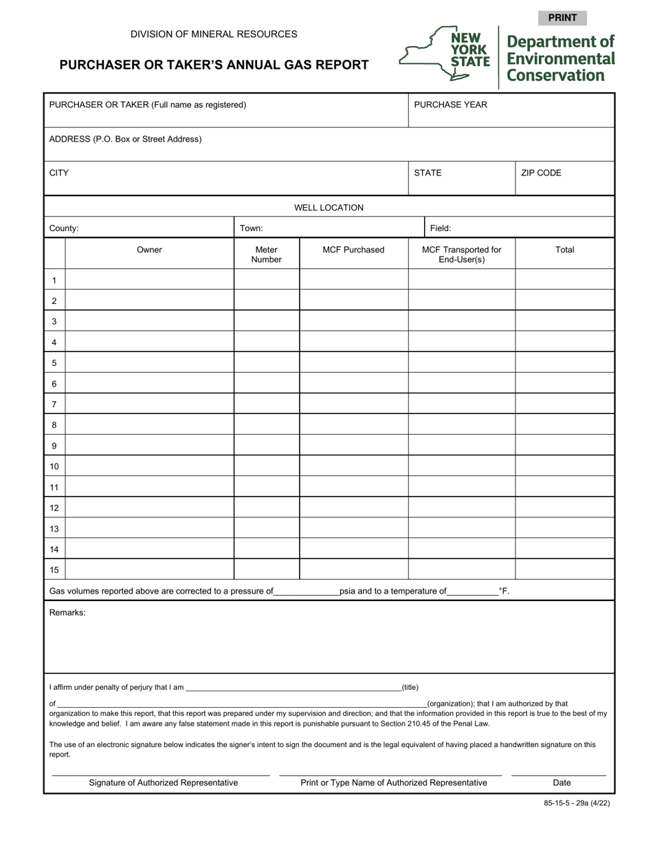 Form 85-15-5-29A Purchaser or Takers Annual Gas Report - New York, Page 1