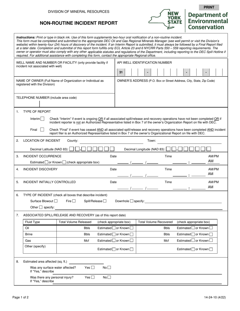 Form 14-24-10 Non-routine Incident Report - New York, Page 1