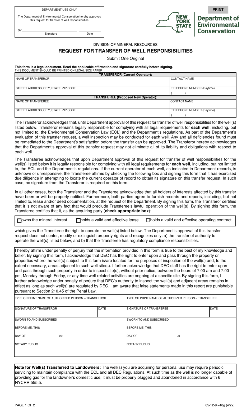 Form 85-12-9-10G Request for Transfer of Well Responsibilities - New York, Page 1