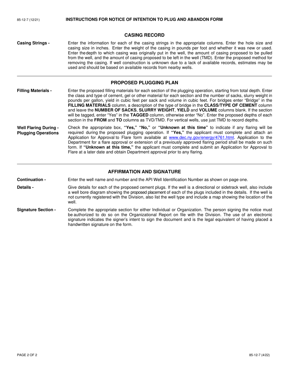 Instructions for Form 85-12-4-27B Notice of Intention to Plug and Abandon - New York, Page 2
