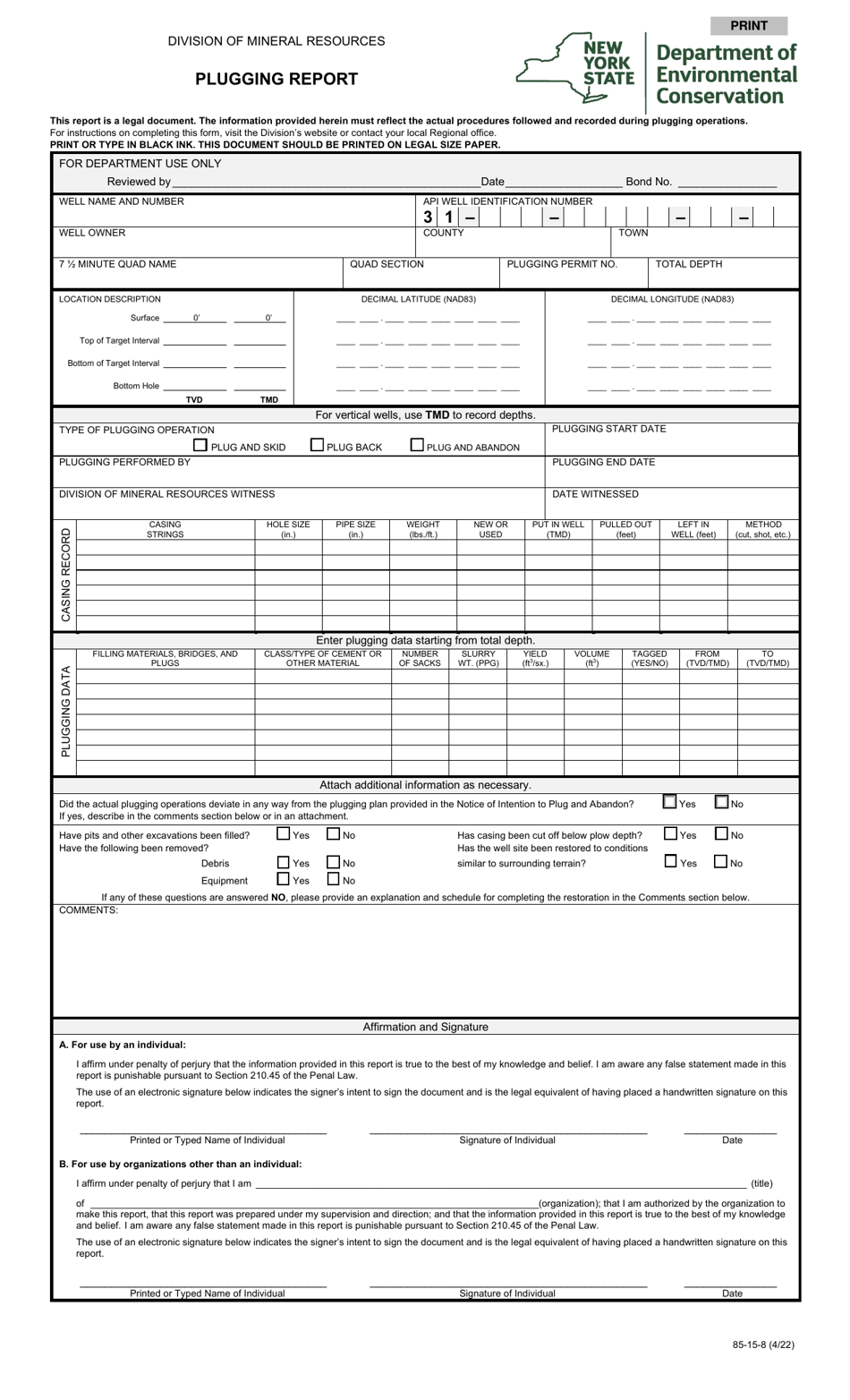 Form 85-15-8 Plugging Report - New York, Page 1