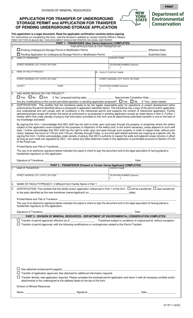 Form 07-ST-1 Application for Transfer of Underground Storage Permit and Application for Transfer of Pending Underground Storage Application - New York