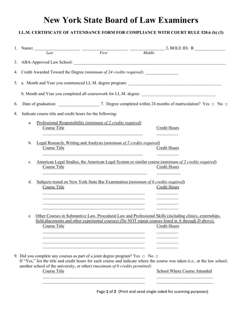 Ll.m. Certificate of Attendance Form for Compliance With Court Rule 520.6 (B) (3) - New York Download Pdf
