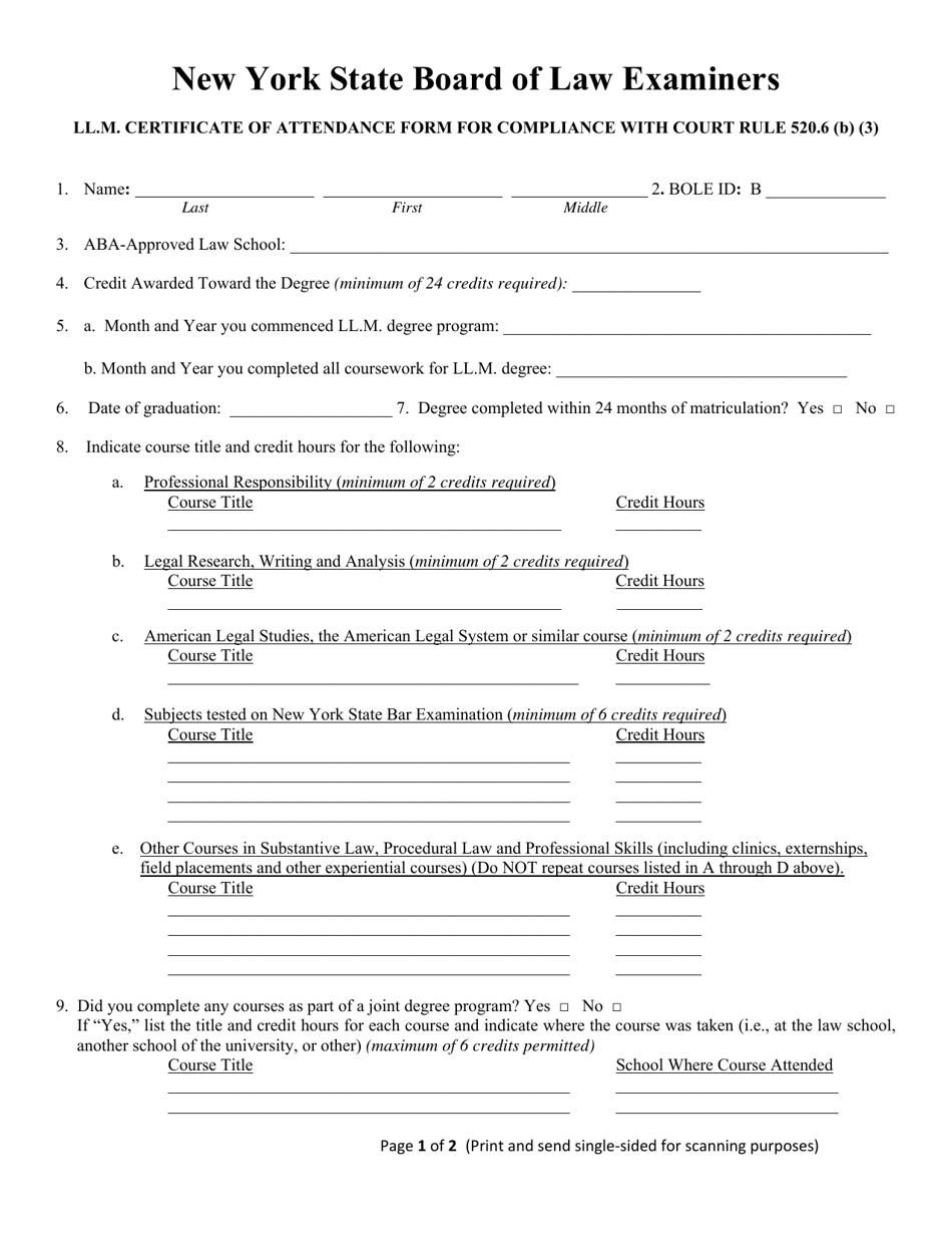Ll.m. Certificate of Attendance Form for Compliance With Court Rule 520.6 (B) (3) - New York, Page 1