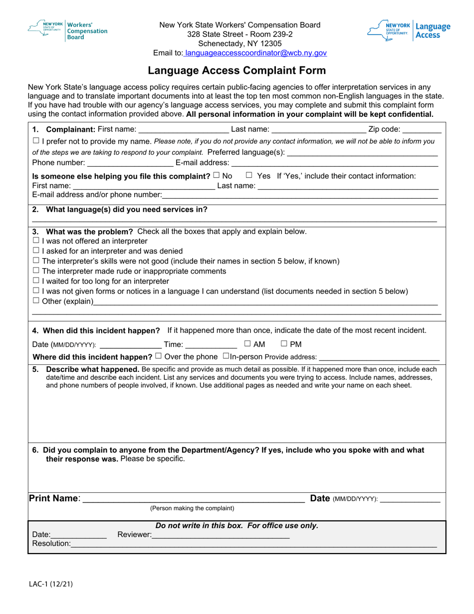 Form LAC-1 Language Access Complaint Form - New York, Page 1
