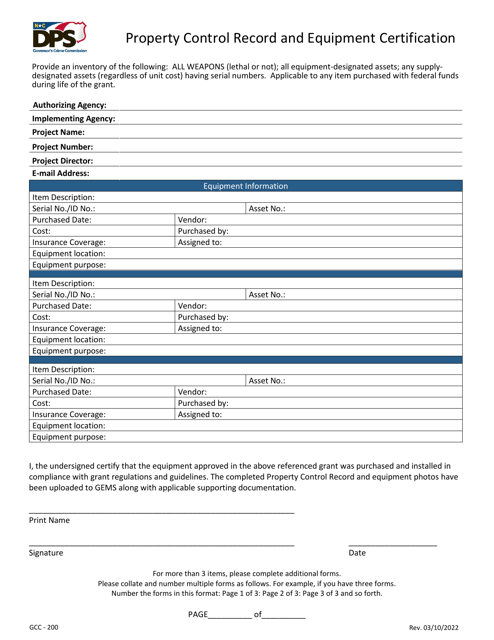 Form GCC-200 Property Control Record and Equipment Certification - North Carolina