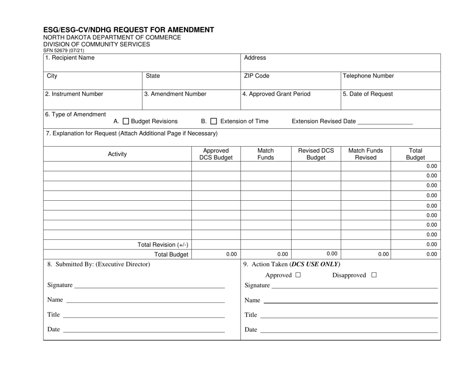 Form SFN52679 Esg-Cv / Ndhg Request for Amendment - North Dakota, Page 1
