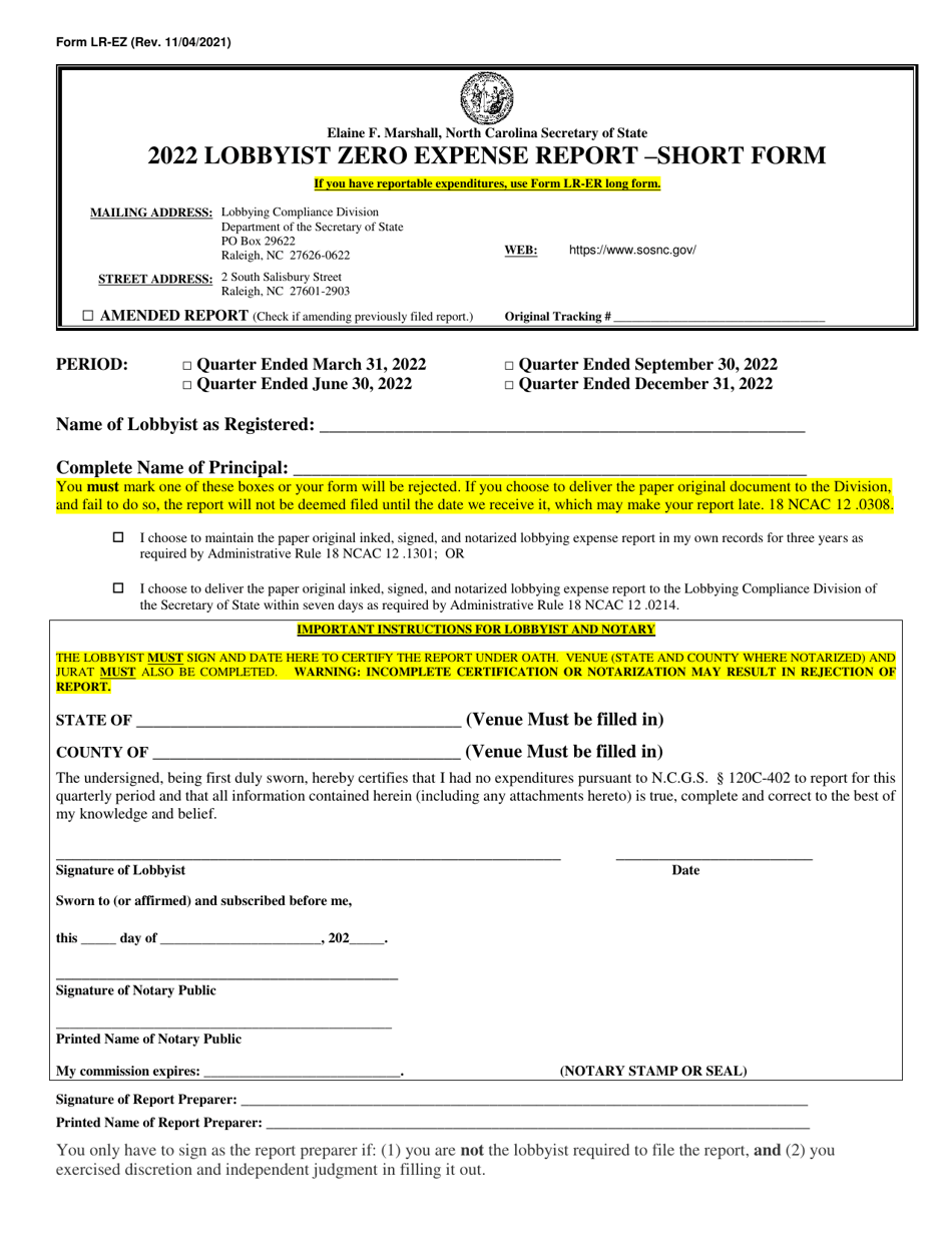 Form LR-EZ Lobbyist Zero Expense Report Short Form - North Carolina, Page 1