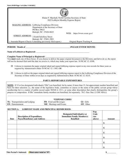 Form LR-ER Lobbyist Monthly Expense Report - North Carolina, 2022