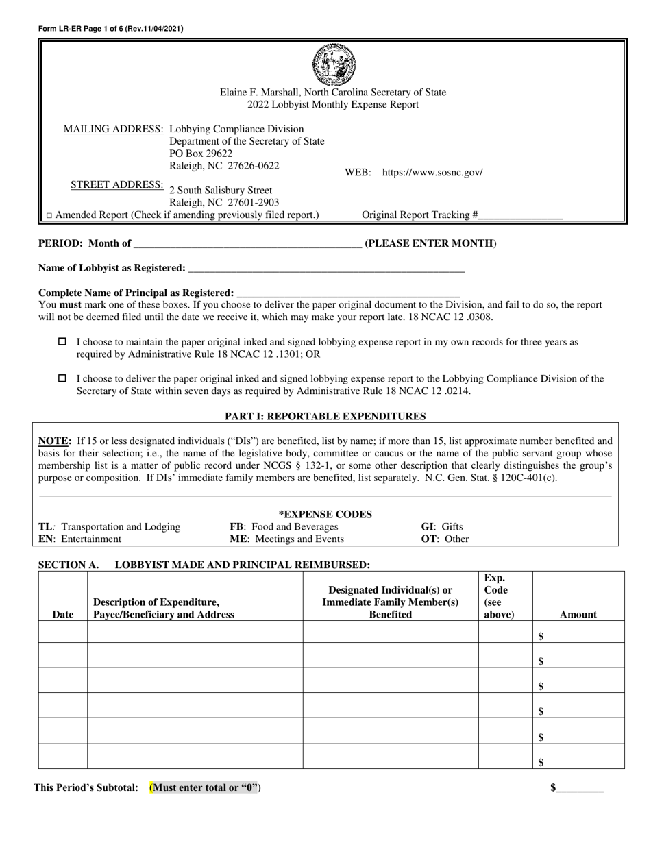 Form LR-ER Lobbyist Monthly Expense Report - North Carolina, Page 1