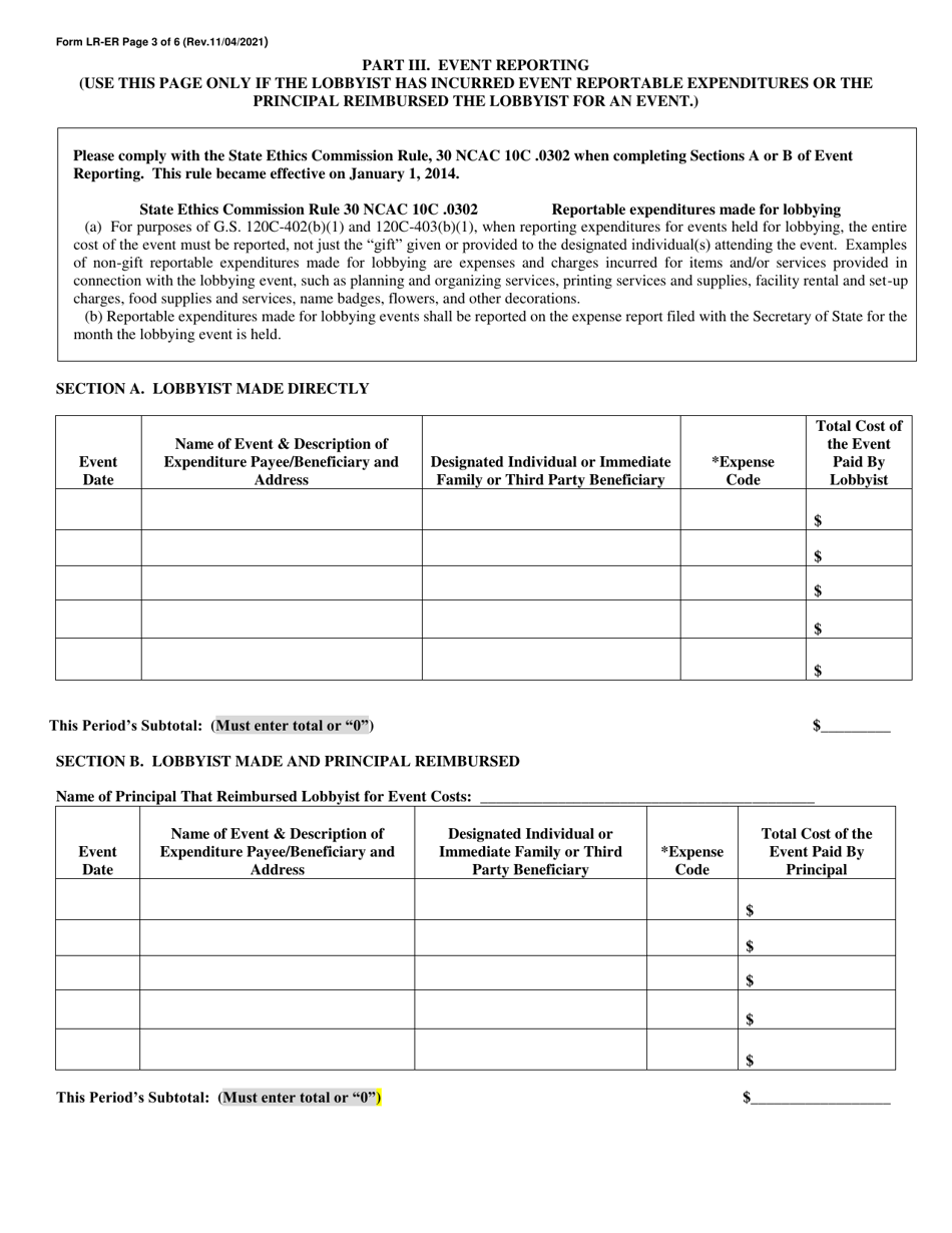 Form LR-ER Lobbyist Monthly Expense Report - North Carolina, Page 3
