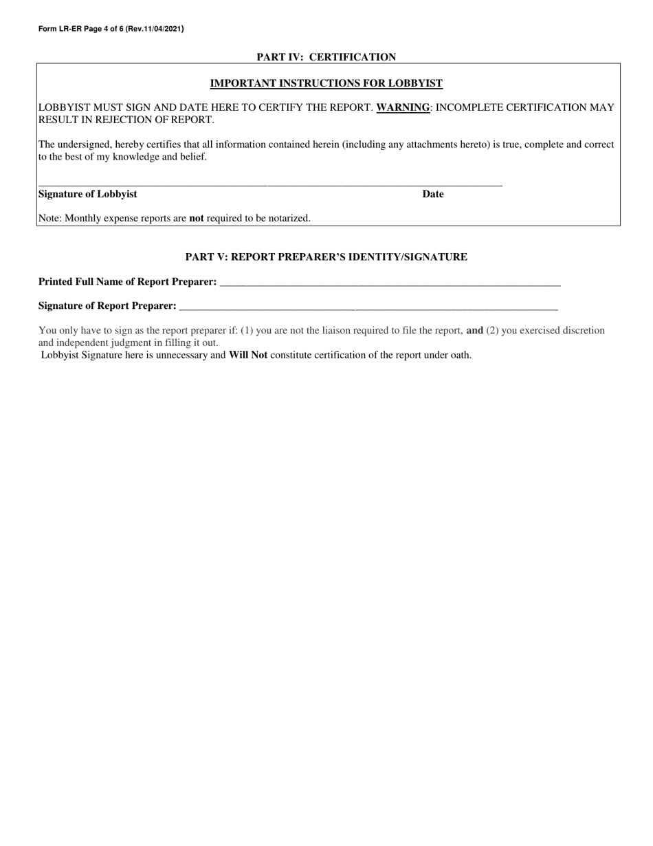 Form LR-ER Lobbyist Monthly Expense Report - North Carolina, Page 4