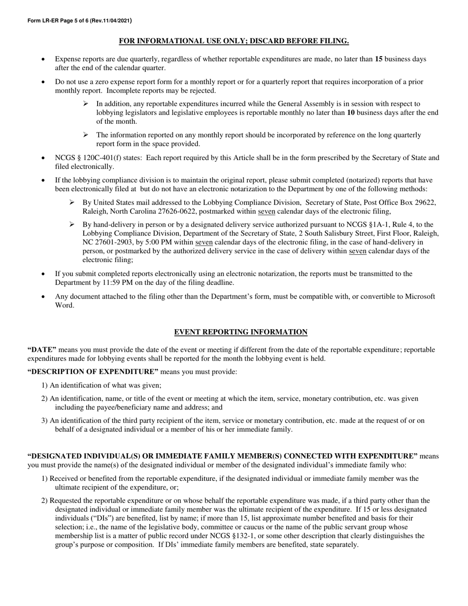 Form LR-ER Lobbyist Monthly Expense Report - North Carolina, Page 5