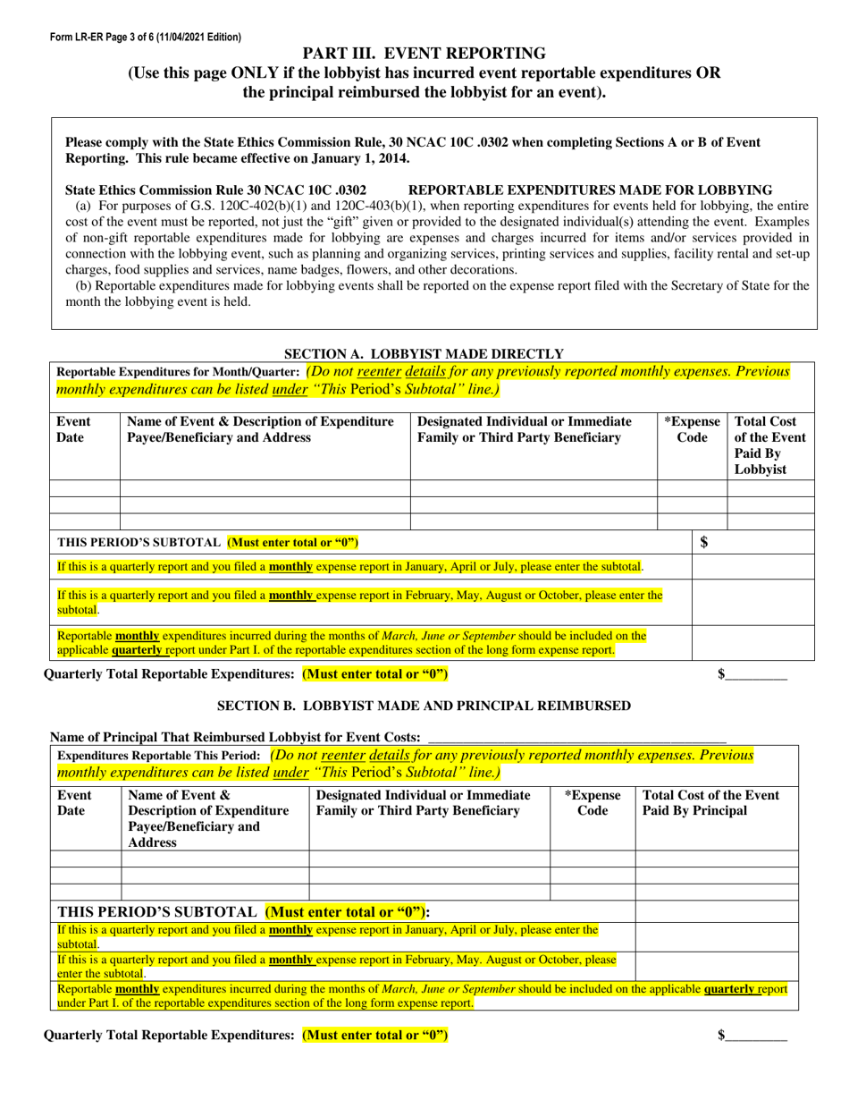 Form LR-ER Lobbyist Quarterly Expense Report - North Carolina, Page 3