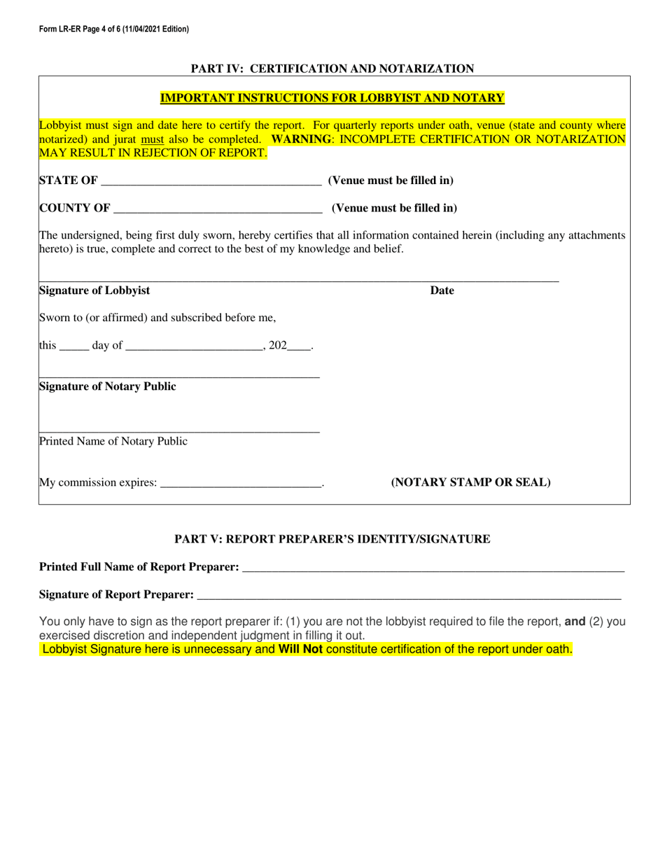 Form LR-ER Lobbyist Quarterly Expense Report - North Carolina, Page 4