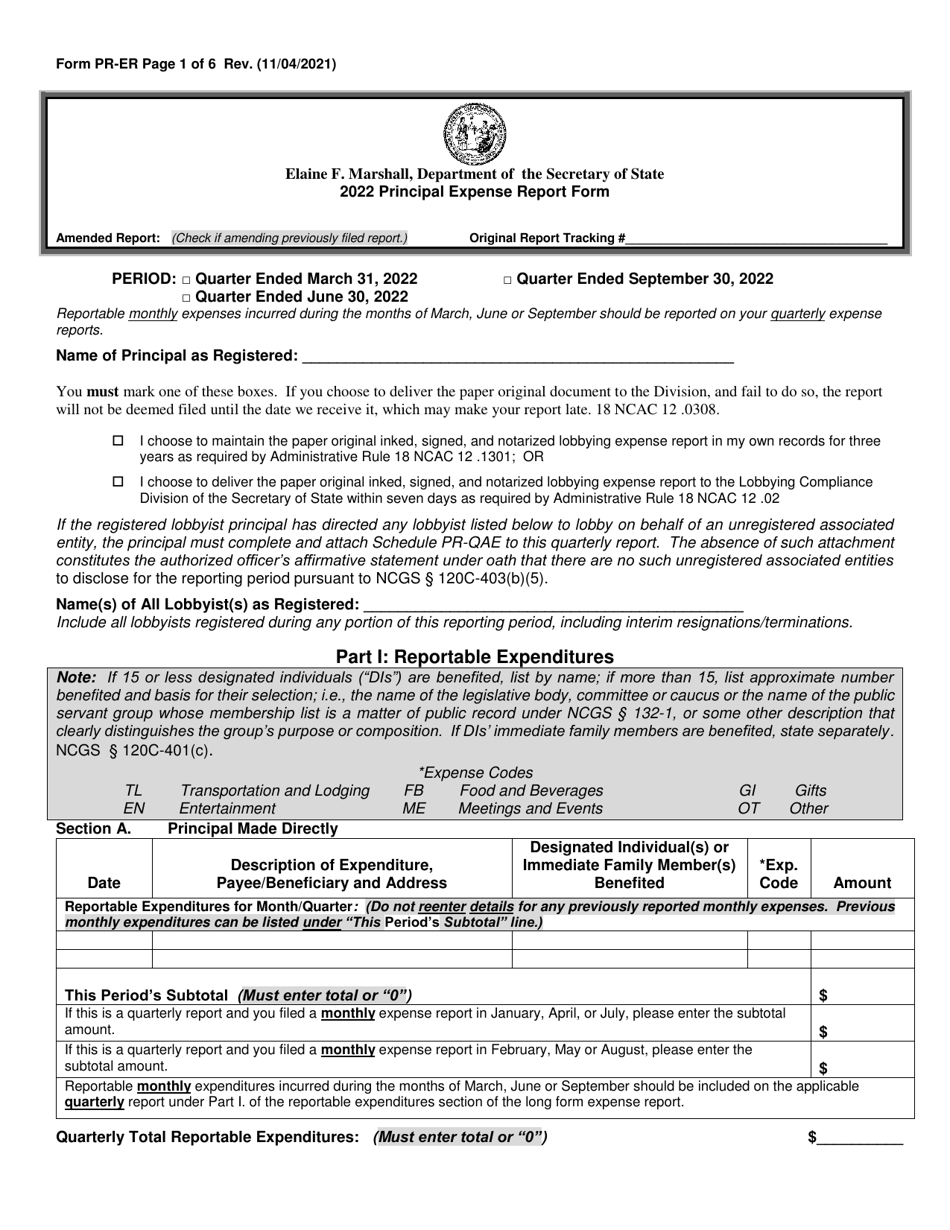 Form PR-ER Principal Expense Report Form - North Carolina, Page 1