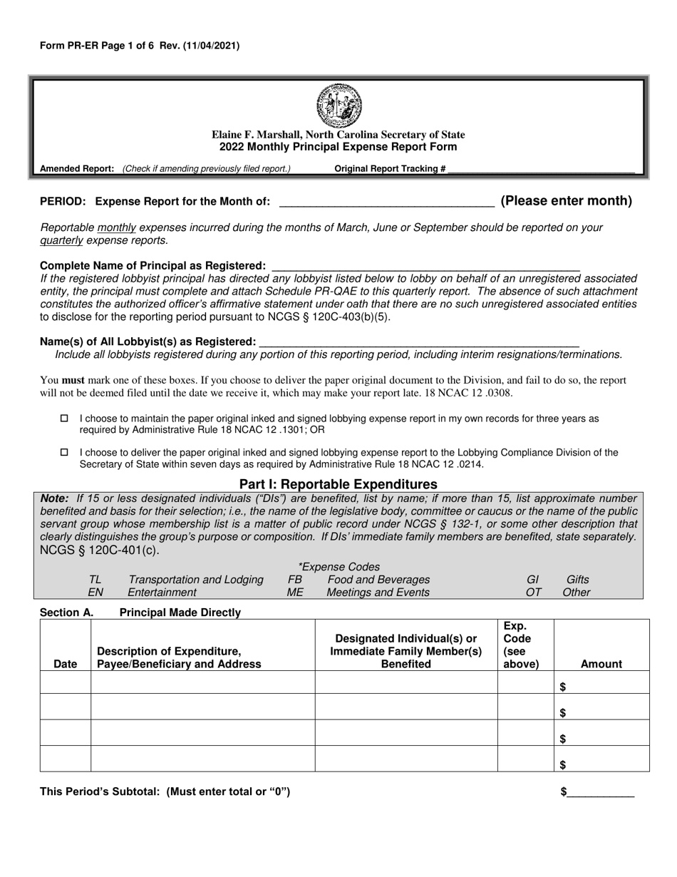 Form PR-ER Monthly Principal Expense Report Form - North Carolina, Page 1