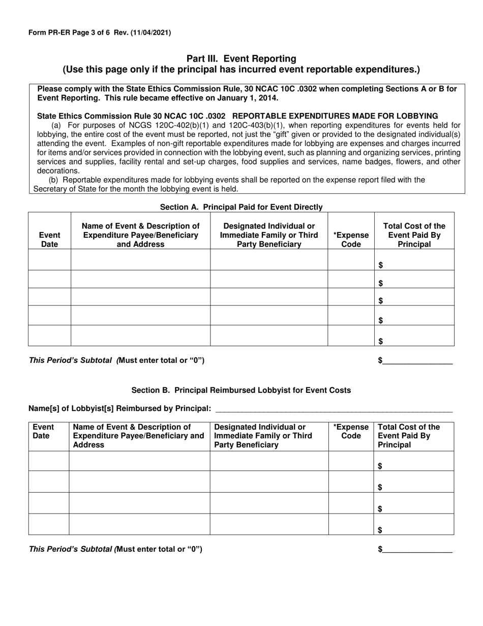 Form PR-ER Monthly Principal Expense Report Form - North Carolina, Page 3