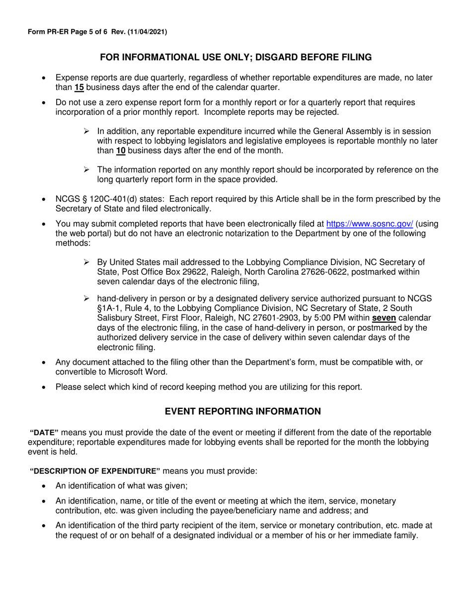 Form PR-ER Monthly Principal Expense Report Form - North Carolina, Page 5