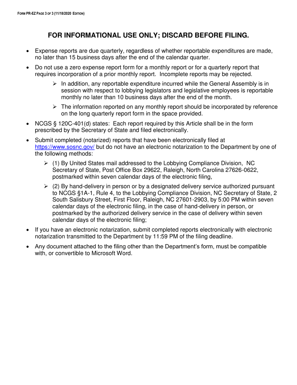 Form PR-EZ Principal Expense Report Form - Fourth Quarter Zero Expense Short Form - North Carolina, Page 3
