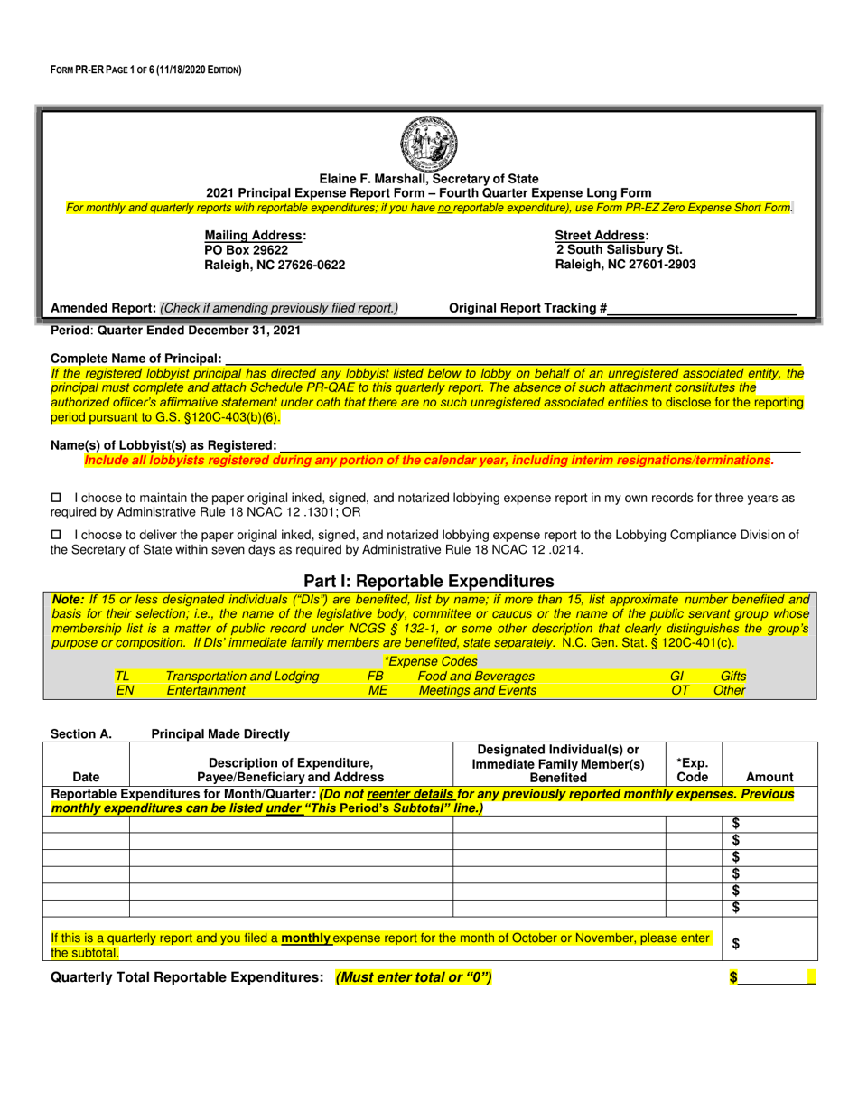 Form PR-ER Principal Expense Report Form - Fourth Quarter Expense Long Form - North Carolina, Page 1
