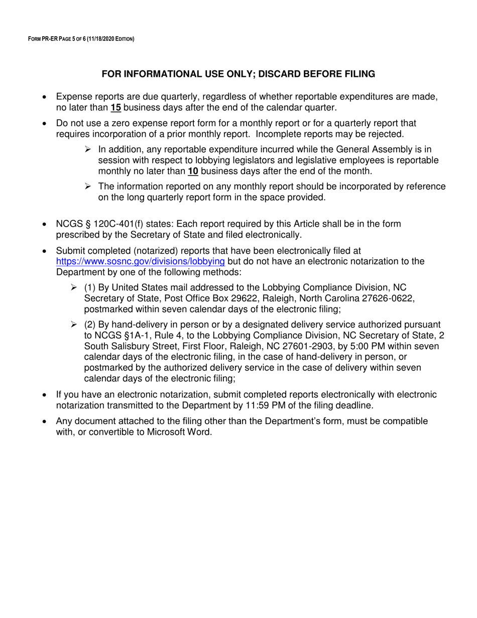 Form PR-ER Principal Expense Report Form - Fourth Quarter Expense Long Form - North Carolina, Page 5