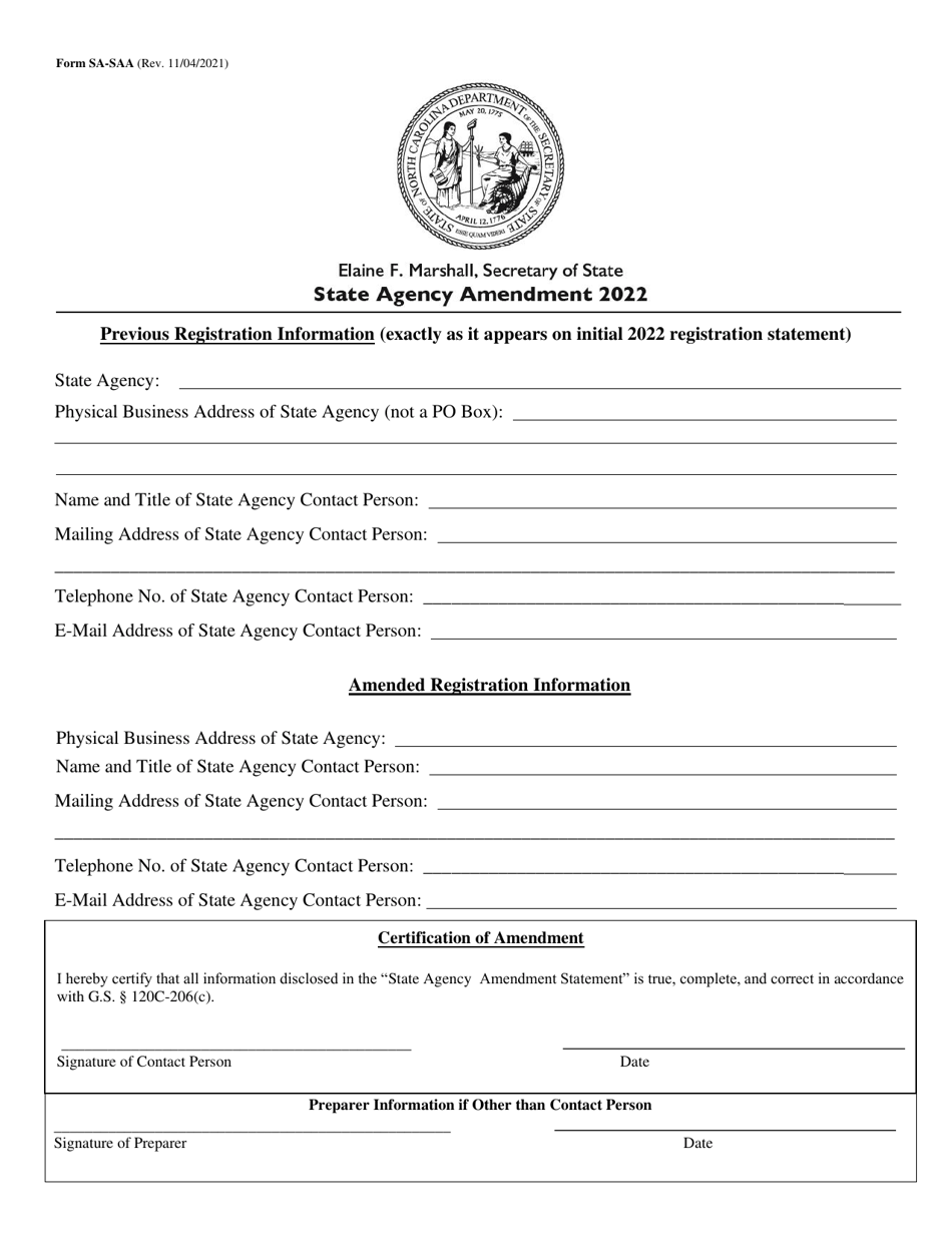 Form SA-SAA Liaison State Agency Amendment - North Carolina, Page 1