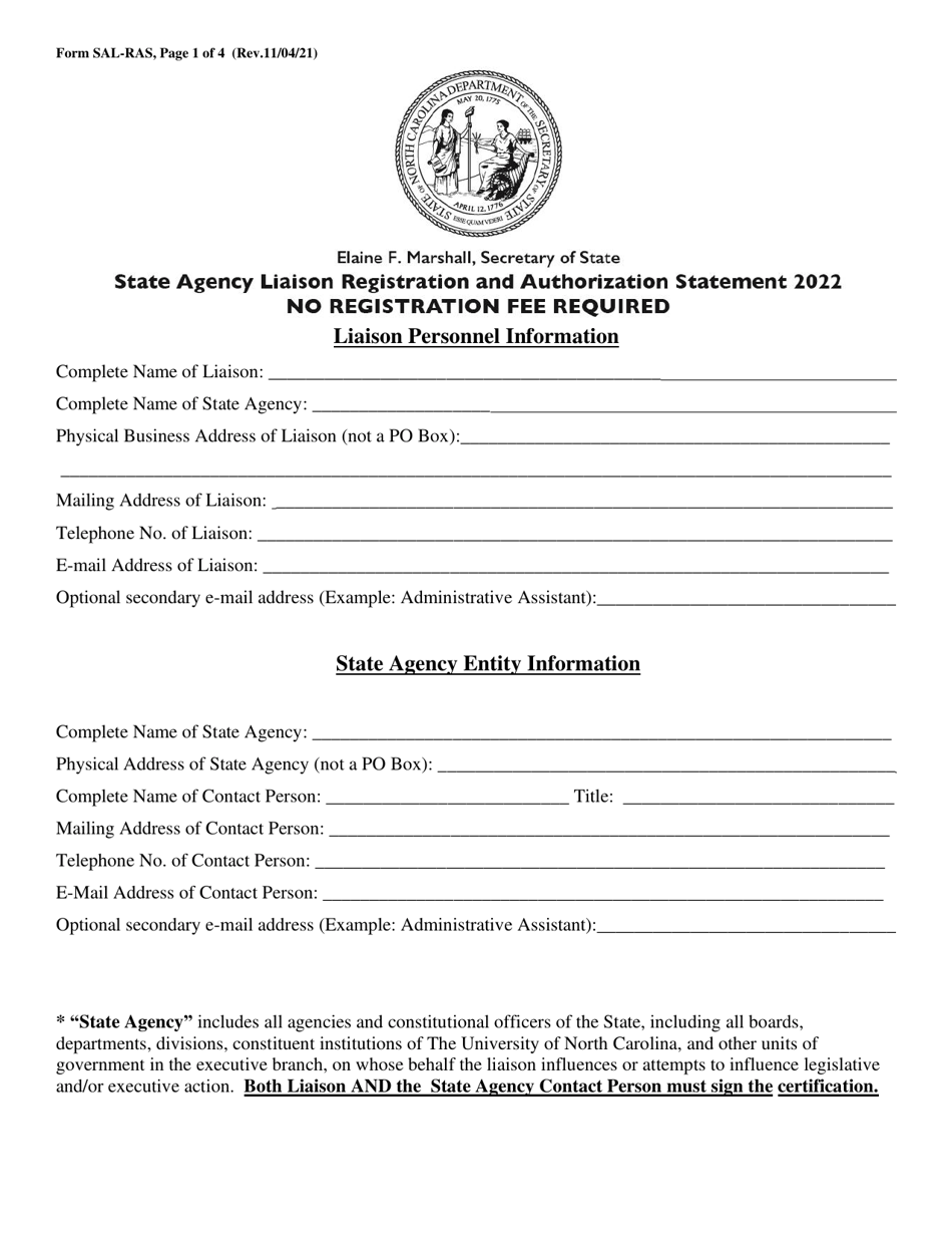 Form SAL-RAS State Agency Liaison Registration and Authorization Statement - North Carolina, Page 1