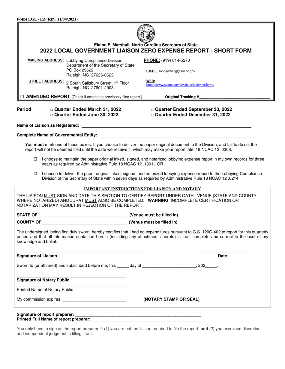 Form LGL-EZ Local Government Liaison Zero Expense Report - Short Form - North Carolina, Page 1